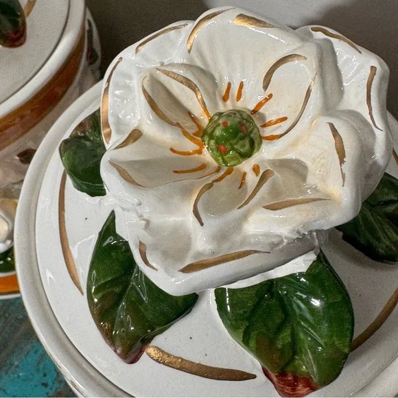 Vintage Floral Ceramic Canister Set-3-D Floral Design Coffee Tea Sugar - Picture 7 of 14